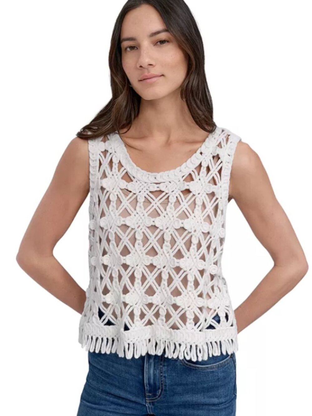 DKNY Jeans Cream Crochet Boho Festival Tank Top Open Knit Medium